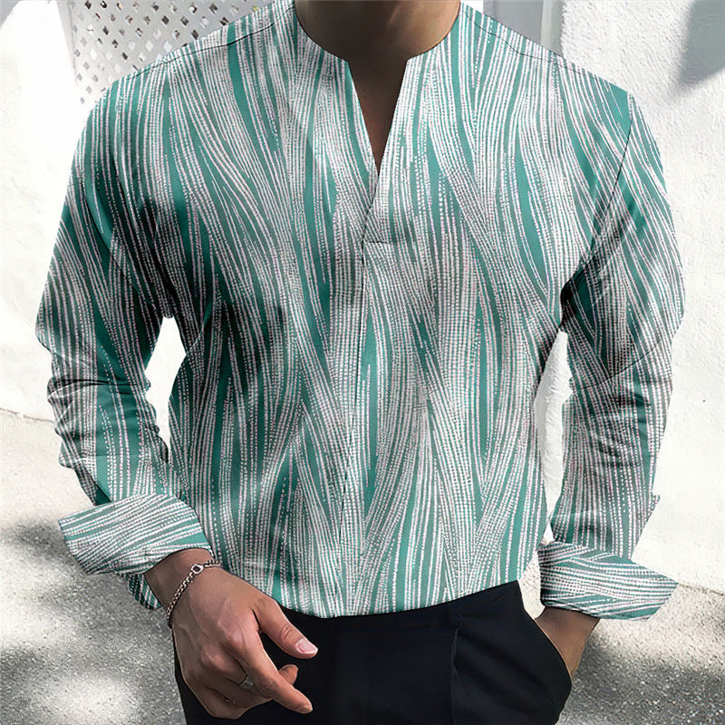Men's long sleeve shirt with modern V-neck and textured stripe pattern Lisslune