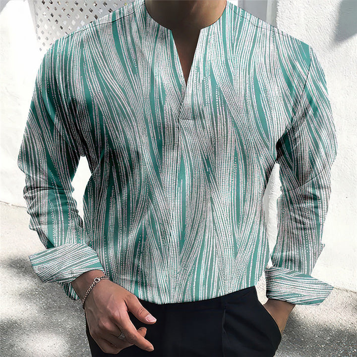 Men's long sleeve shirt with modern V-neck and textured stripe pattern Lisslune