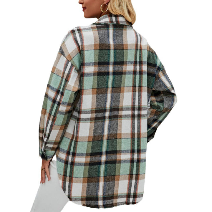 Women's checkered shirt jacket in a casual style with practical chest pockets.
