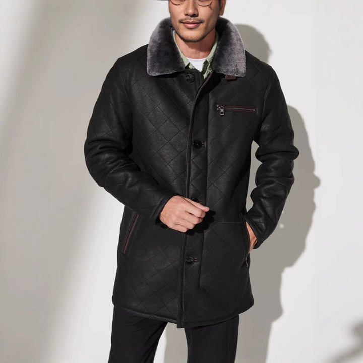 Men's quilted lamb leather coat with plush collar Lisslune