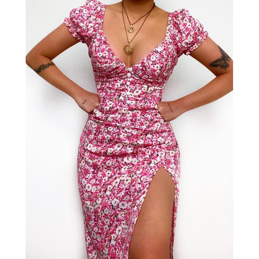 Ladies Elegant Maxi Dress with Heart-Shaped Neckline and Floral Details