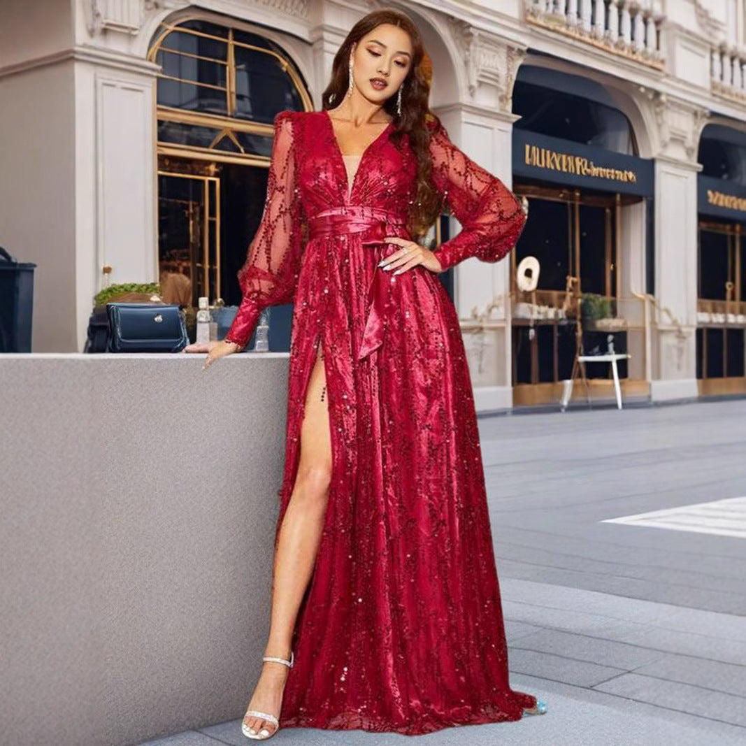 Ladies Glamorous Evening Dress with Shimmering Sequins and Deep Slit