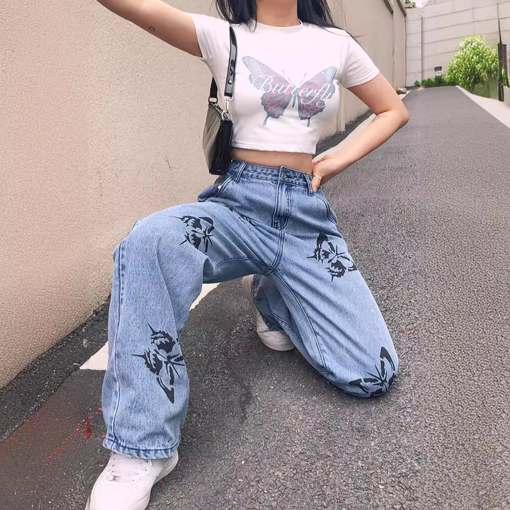 Damen weite Jeans mit auffälligem Schmetterlingsdruck Lisslune