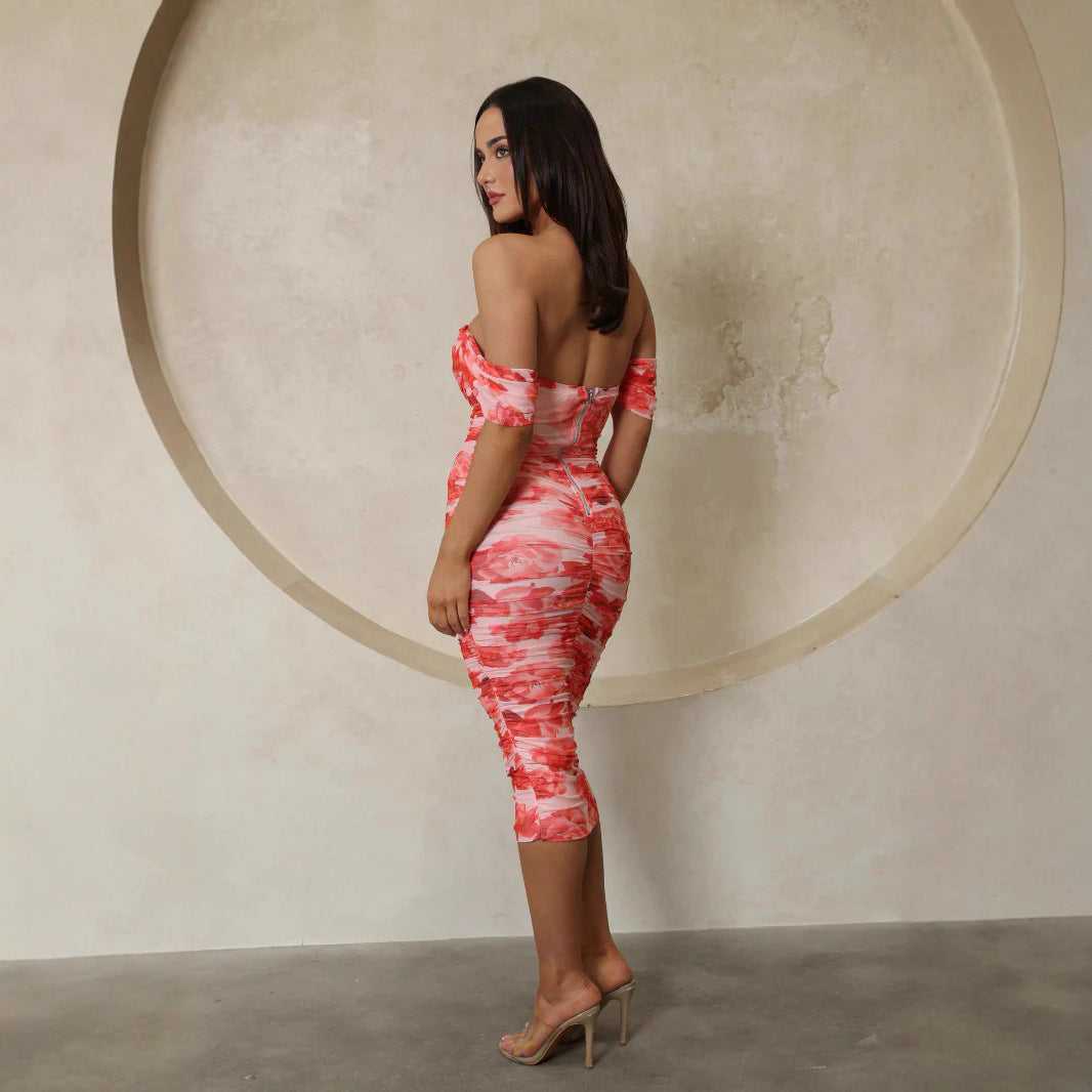 Women's Body-Con Midi Dress with Off-Shoulder Design and Floral Print