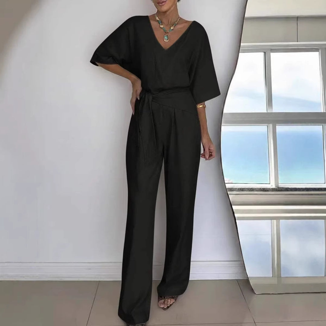 Women Elegant Jumpsuit with Tailored Cut and Wrap Belt Lisslune