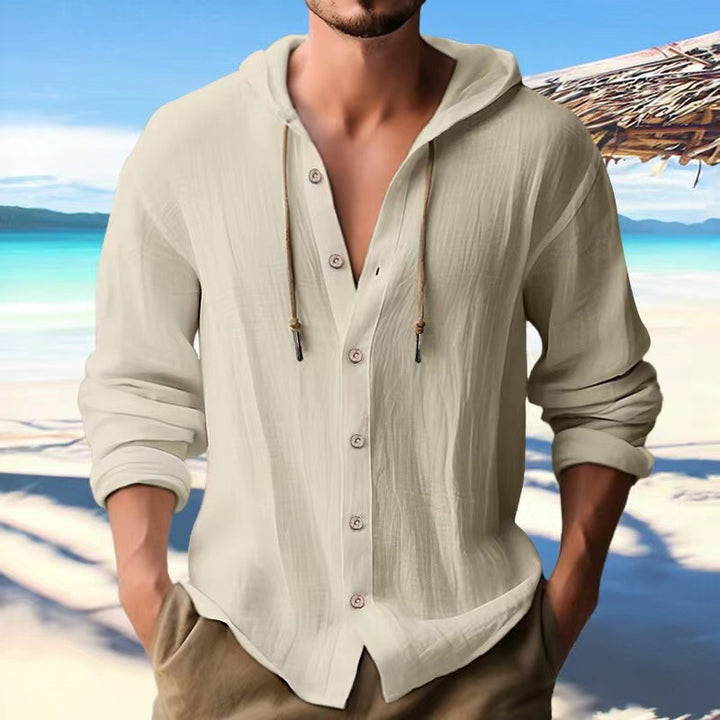 Men's casual hoodie shirt with button placket and drawstring Lisslune
