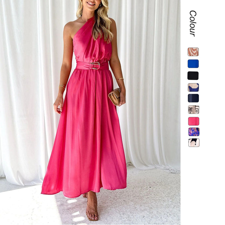 Women's evening dress with asymmetric strap design and elegant waist belt Lune London
