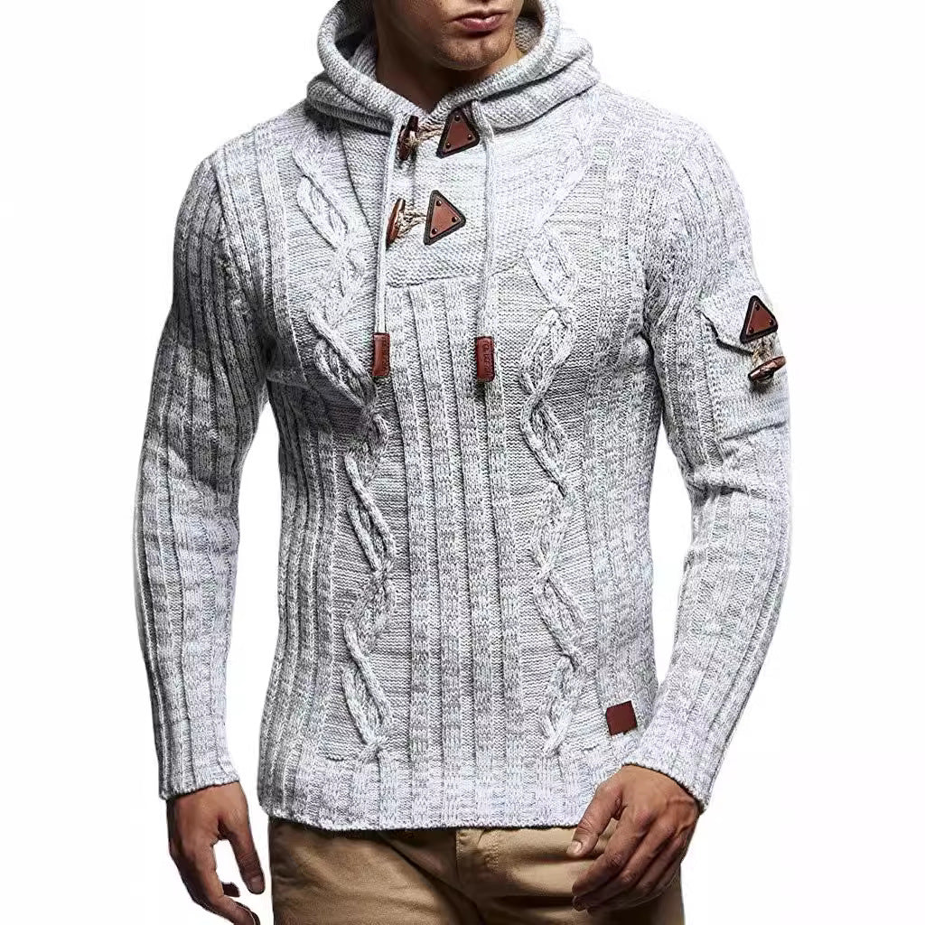 Men's chunky knit sweater with hood and decorative lace-up details Lisslune