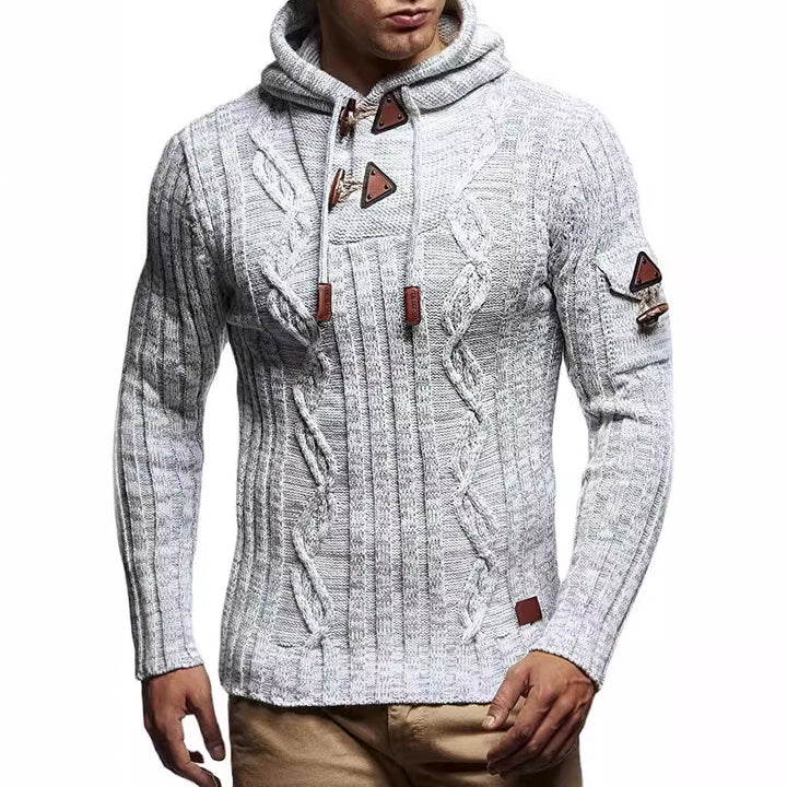 Men's chunky knit sweater with hood and decorative lace-up details Lisslune