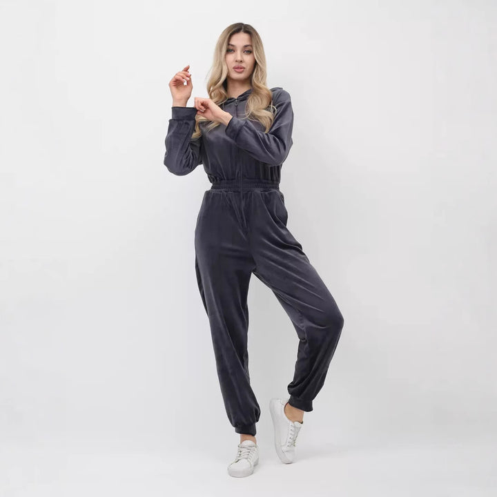 Women's sporty fleece jumpsuit with hood and elastic waistband Lisslune