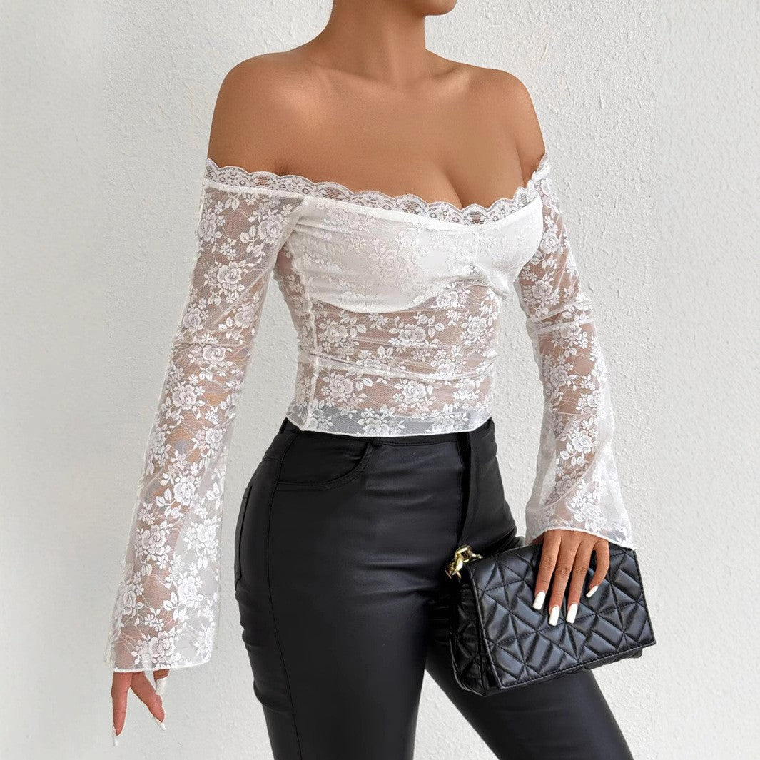 Damen Spitzenoberteil mit schulterfreiem Design und eleganten Trompetenärmeln Lisslune