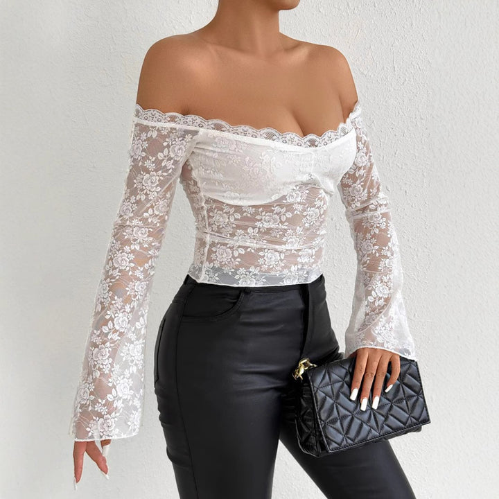 Damen Spitzenoberteil mit schulterfreiem Design und eleganten Trompetenärmeln Lisslune