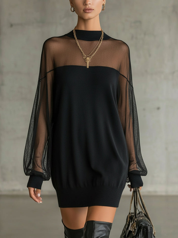 Women's Airy Mini Dress with Transparent Sleeve Parts and Stylish High Neck Lisslune