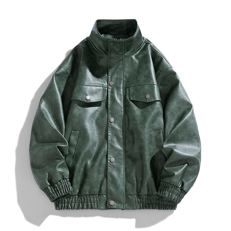 Men's Casual Synthetic Leather Jacket with Practical Snap Buttons and Elastic Waistband Lisslune