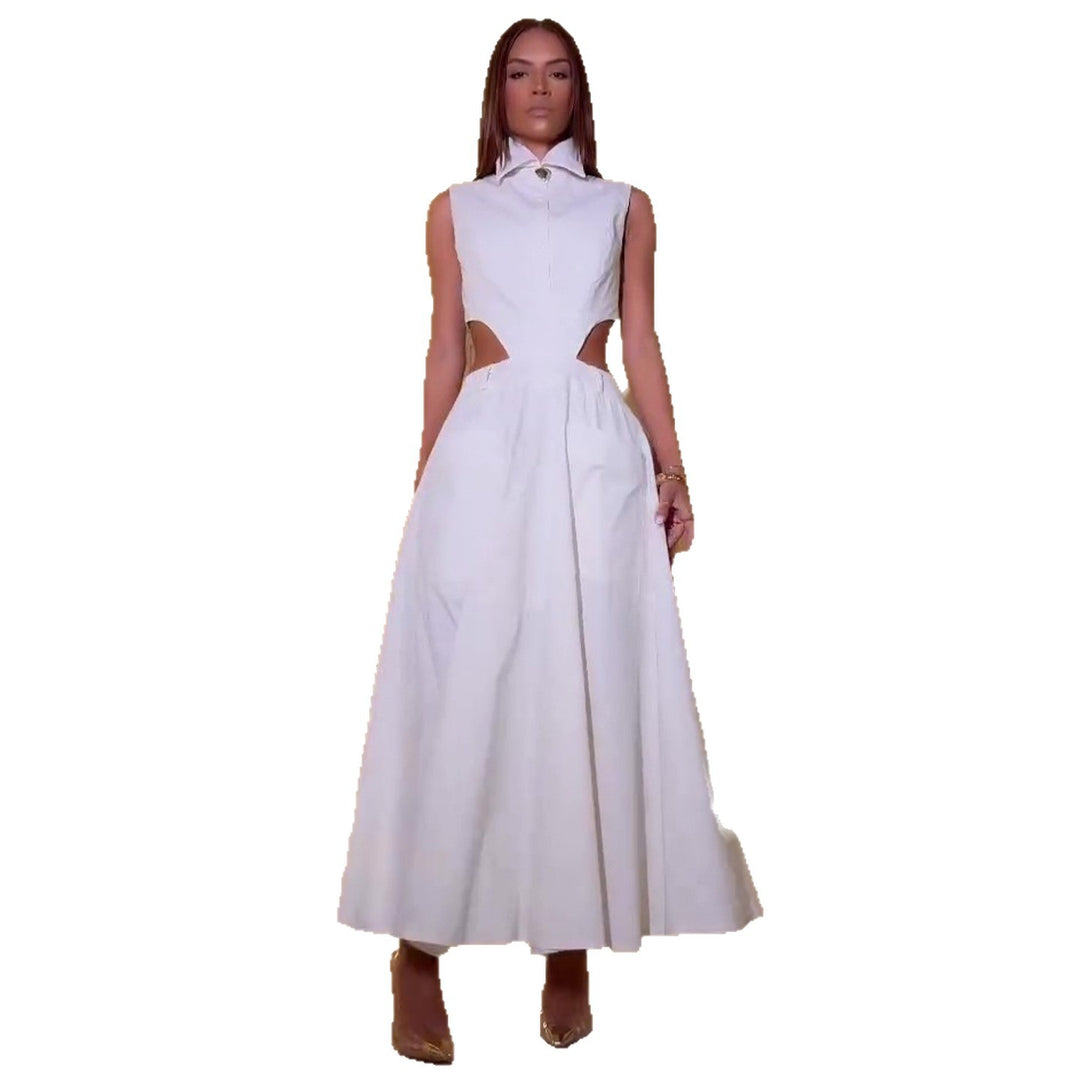 Women's maxi dress with sophisticated cut-outs and modern shirt blouse style