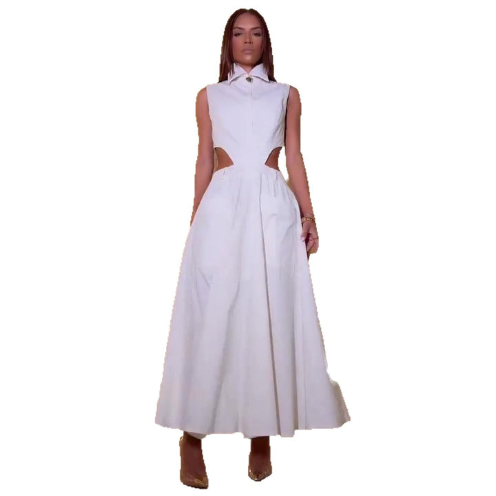 Women's maxi dress with sophisticated cut-outs and modern shirt blouse style