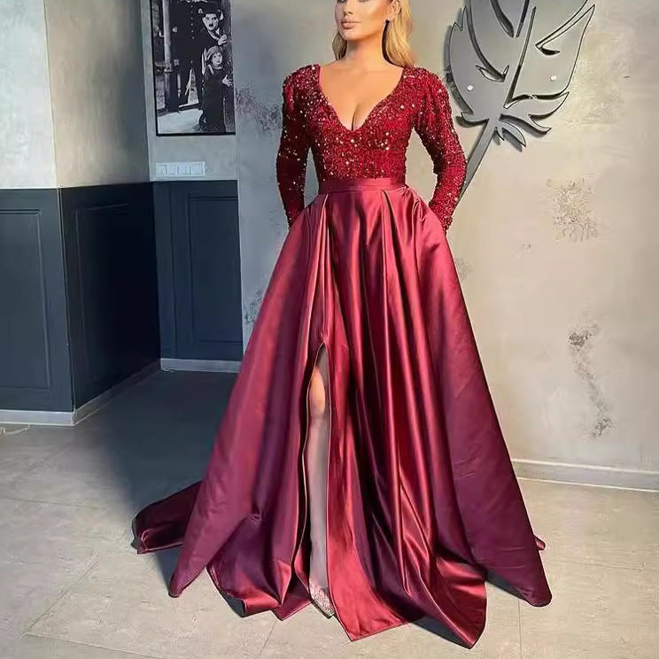 Women's Glamorous Evening Dress with Sparkling Sequins and High Slit Lisslune