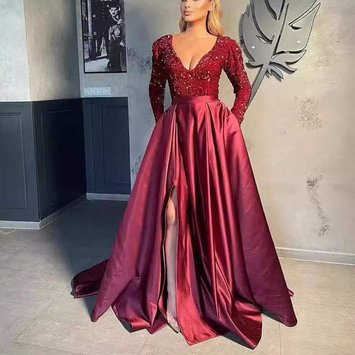 Women's Glamorous Evening Dress with Sparkling Sequins and High Slit Lisslune
