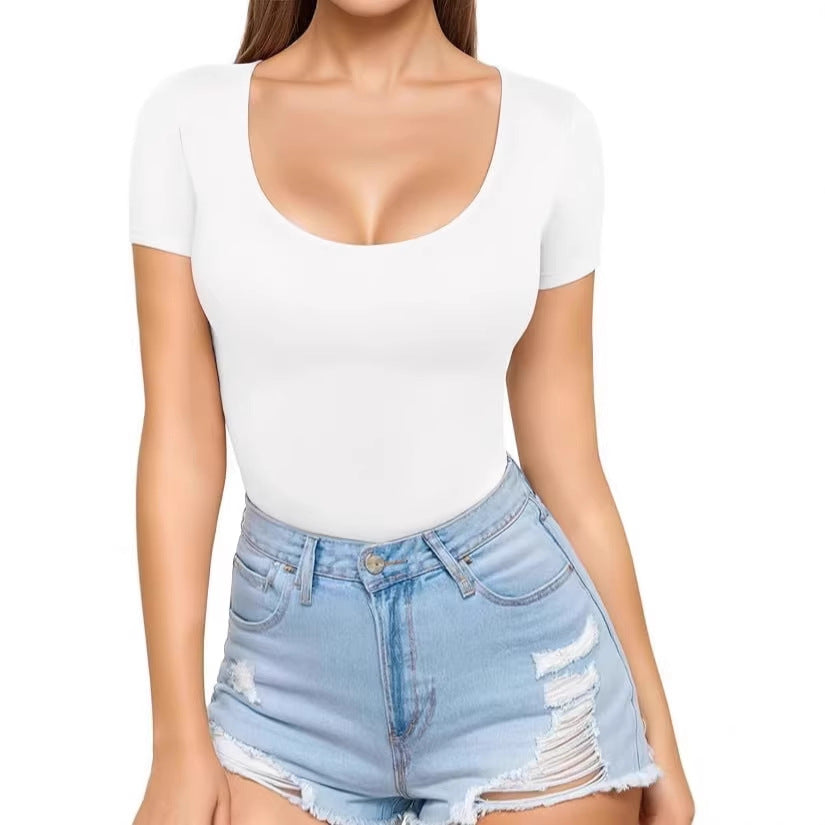 Damen figurbetontes Kurzarm-Body mit rundem Ausschnitt und nahtlosem Design Lisslune