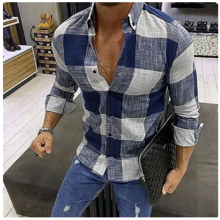Men's Casual Long Sleeve Shirt with Modern Check Pattern and Relaxed Fit Lisslune