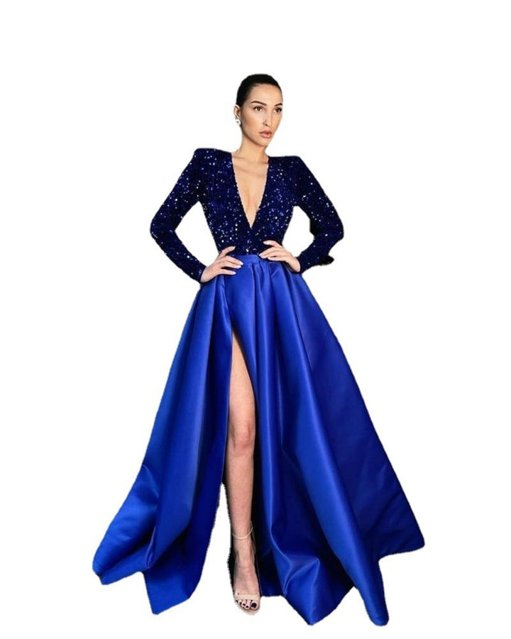 Women's Glamorous Evening Dress with Deep V-Neck and High-Cut Skirt Lisslune