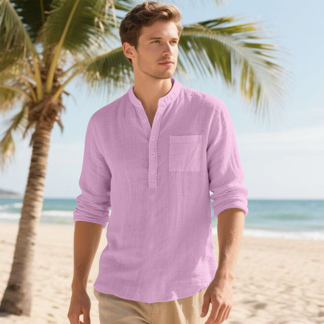 Men's Casual Long Sleeve Shirt with Stand-Up Collar and Practical Chest Pocket Lisslune