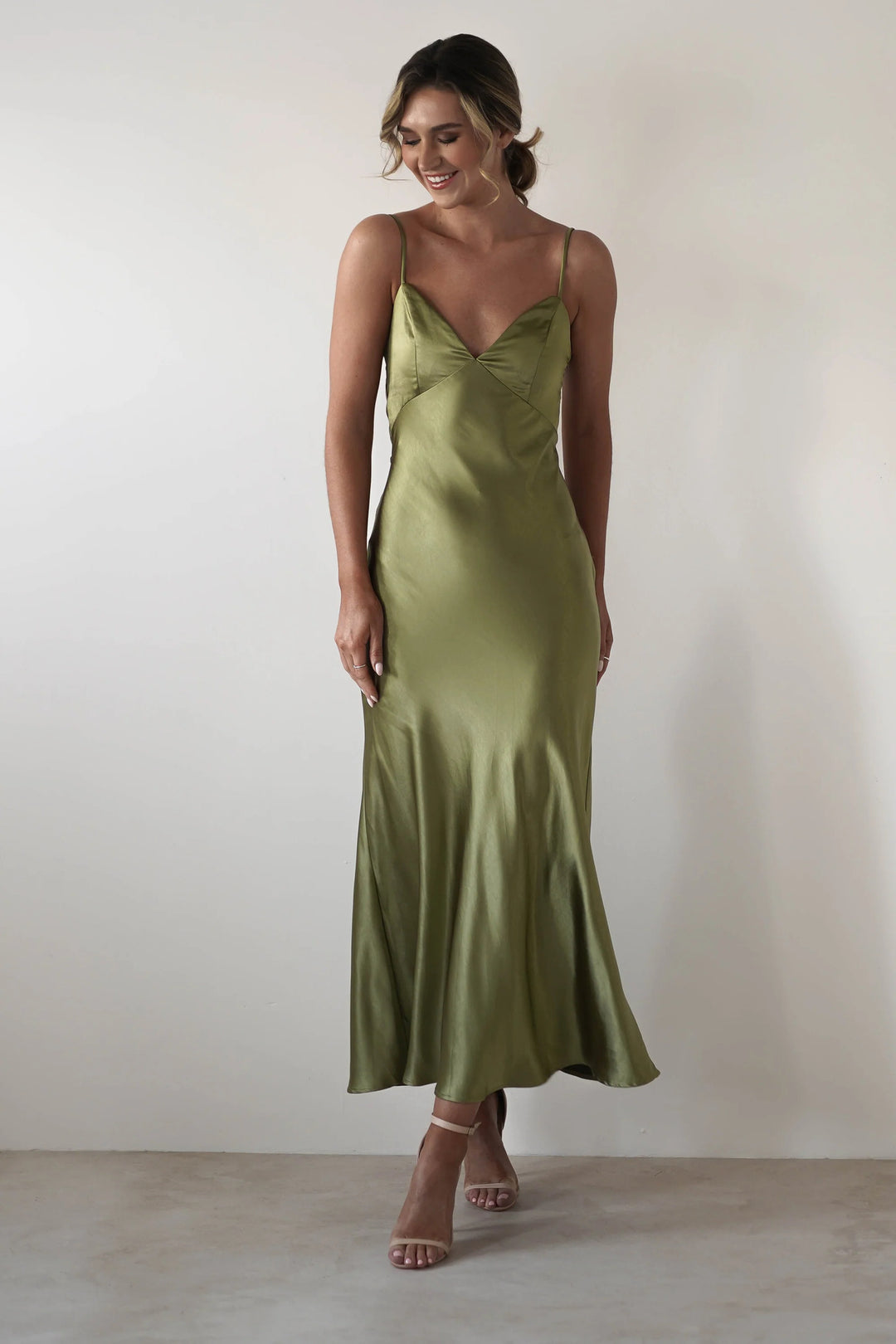 Ladies Satin Maxi Dress in elegant cut with narrow spaghetti straps Lune London