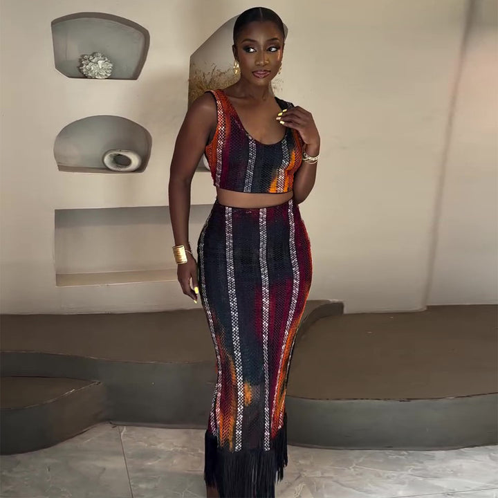 Women Two-Piece Festive Outfit with Fringed Details Lisslune