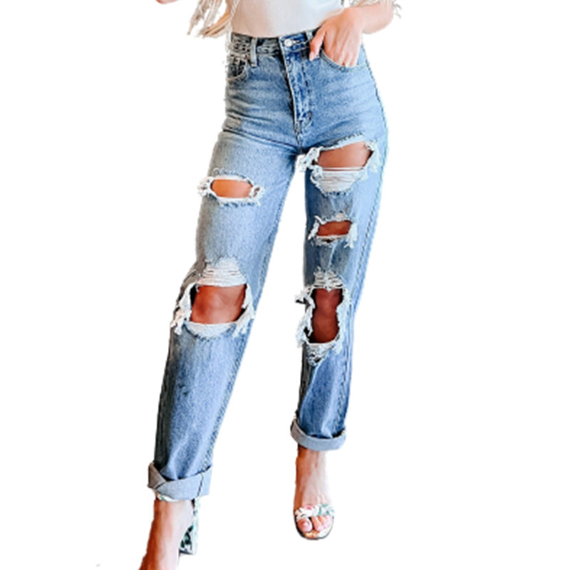 Women's Destroyed Boyfriend Jeans in a casual cut with high waist Lisslune