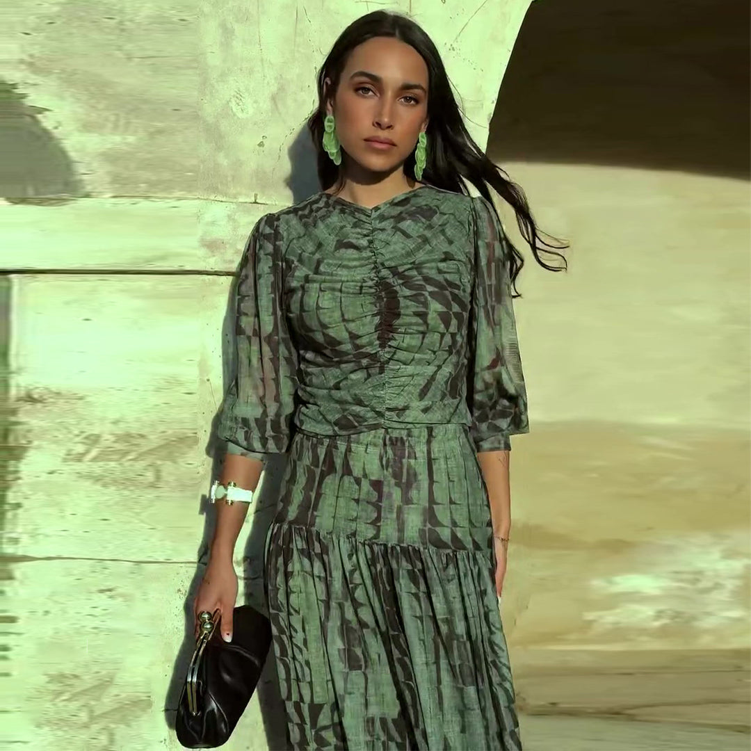 Ladies midi dress with sophisticated pleats and V-neck