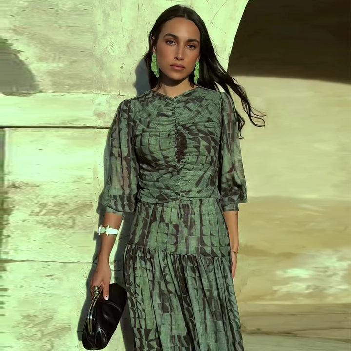 Ladies midi dress with sophisticated pleats and V-neck