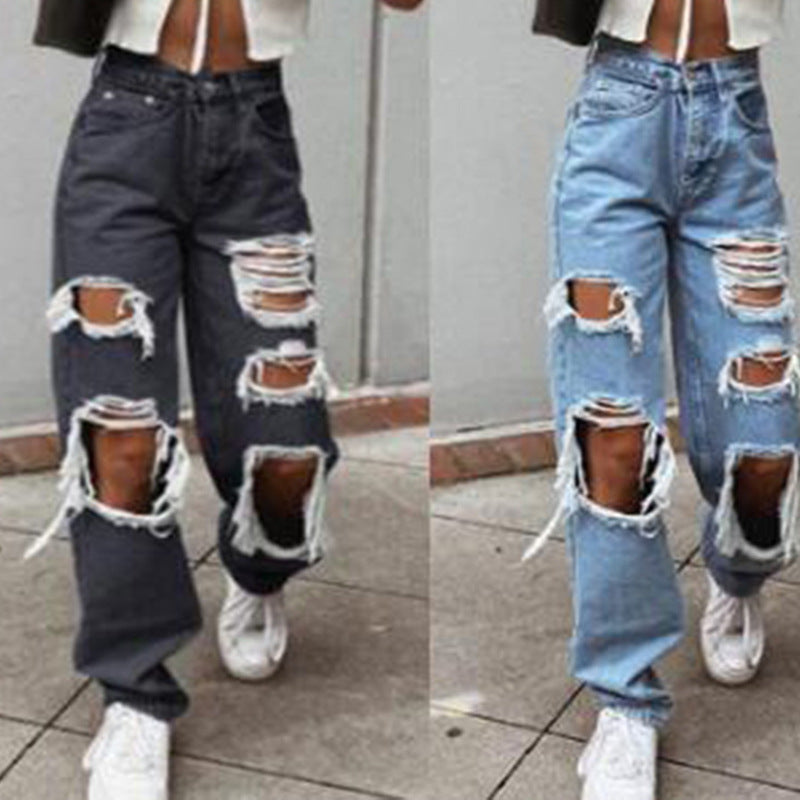 Ladies Casual Destroyed Jeans with Wide Leg Lisslune