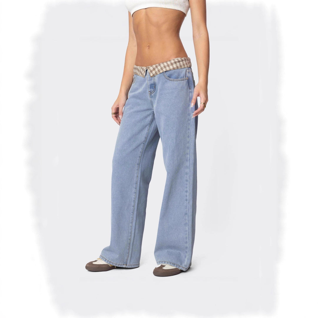 Damen Weite Jeans mit kariertem Bund Lisslune