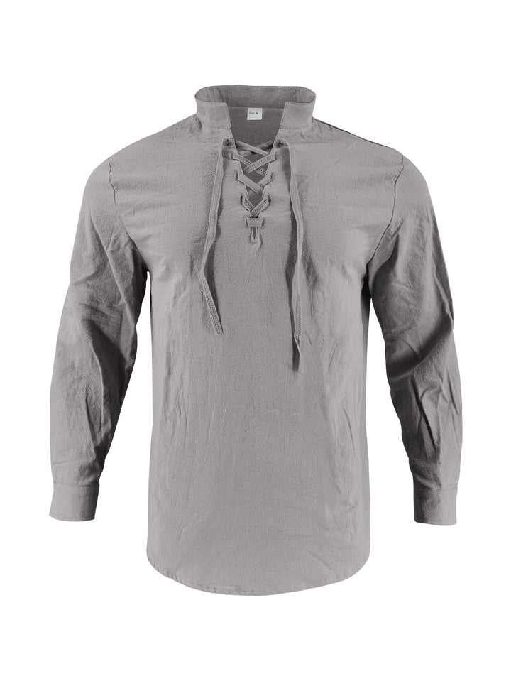 Men's casual long-sleeve shirt with innovative lacing and modern stand-up collar Lisslune
