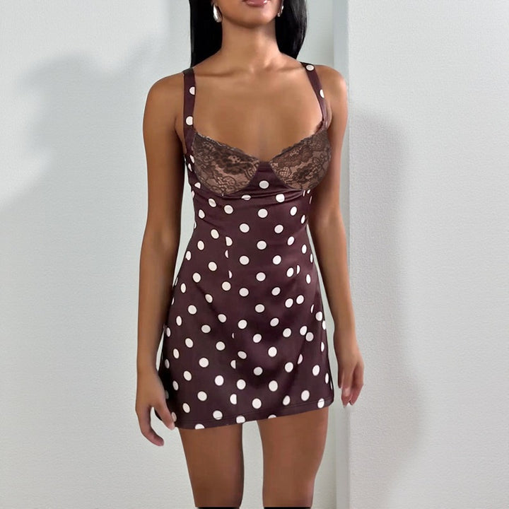 Women's fitted mini dress with lace top and polka dots Lune London