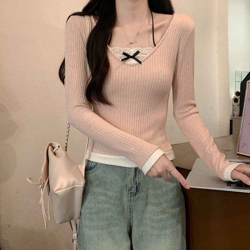 Women's long-sleeve shirt with V-neck and lace accents Lisslune