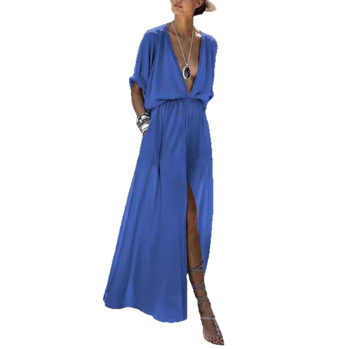Women's Elegant Maxi Dress with Deep V-Neck and High Slit Lisslune