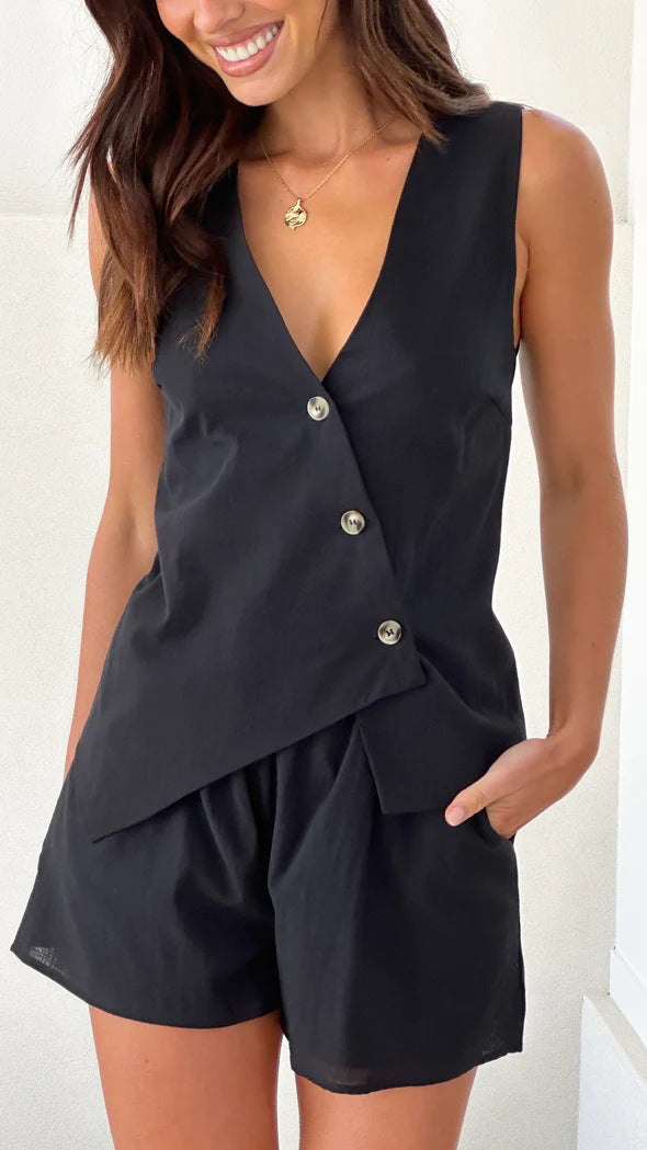 Women's casual summer outfit with V-neck and asymmetrical cut