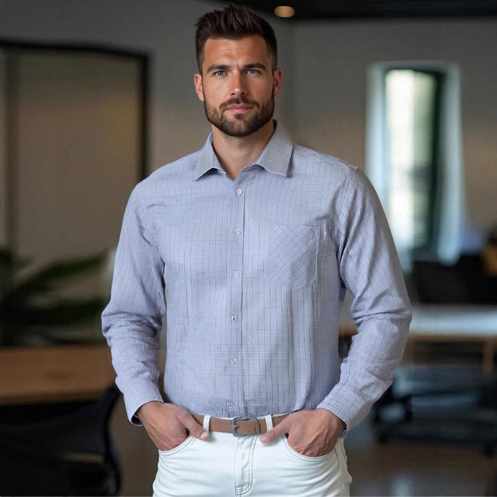 Men's structured long sleeve shirt with fashionable check design and chest pocket Lisslune