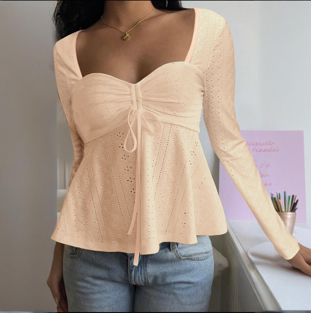 Women's Ruffle Shirt with Deep Heart Neckline and Playful Elegant Design