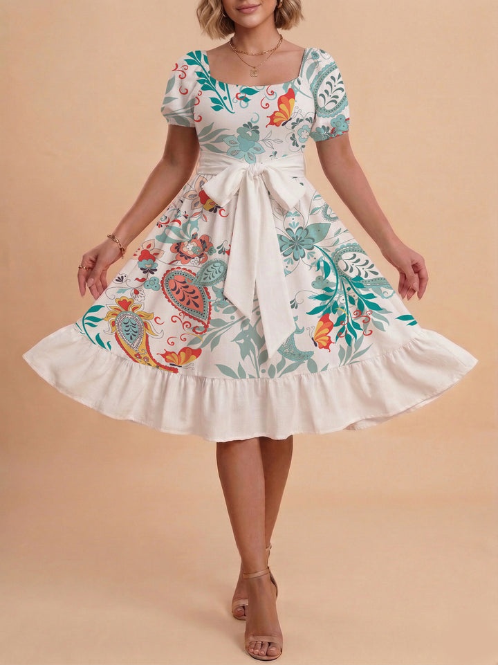 Women's elegant maxi dress with floral design and waist belt Lisslune