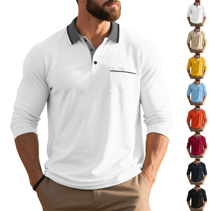 Men's Long Sleeve Polo Shirt with Textured Design and Fashionable Chest Pocket Lisslune