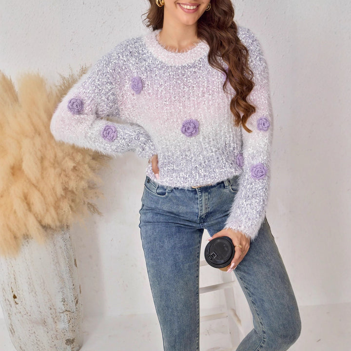 Women's Fluffy Knit Sweater with Floral Design Lisslune