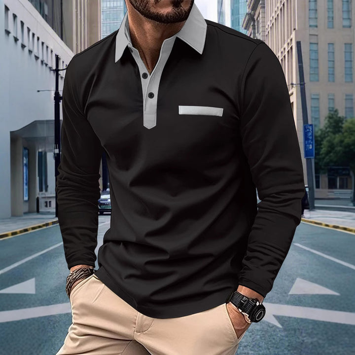 Men's long sleeve polo shirt with modern stand-up collar and sophisticated contrast design Lisslune