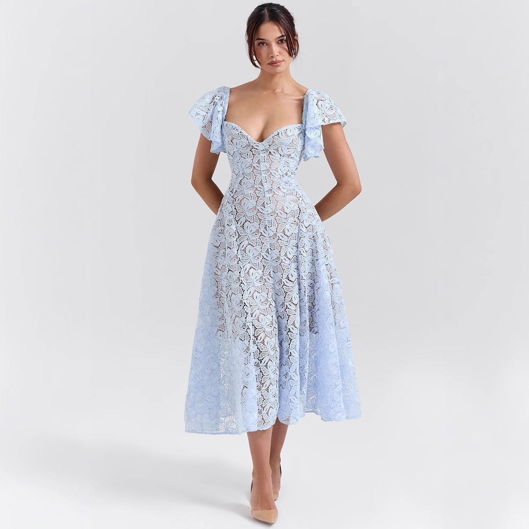 Women's Lace Dress with Voluminous Ruffle Sleeves and Flared Skirt