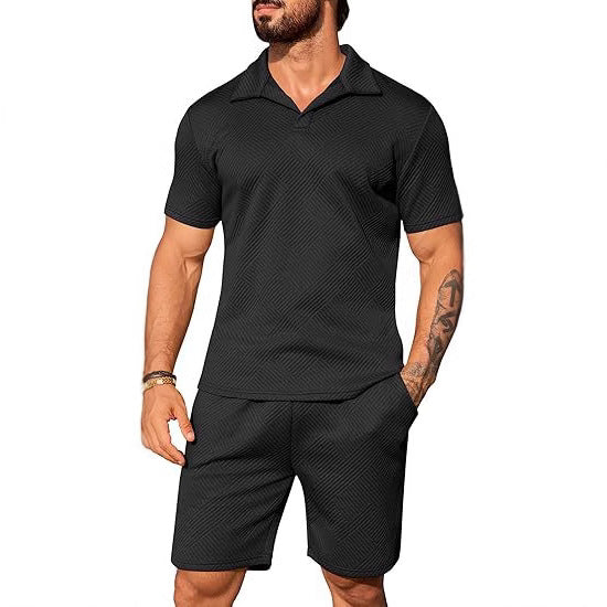 Men's Casual Short Sleeve Set with Fashionable Design and Textured Top Lisslune