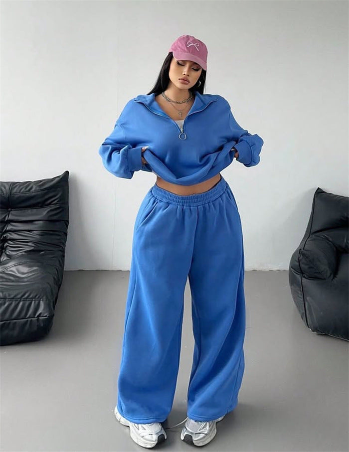 Women's sporty fleece loungewear set with high collar and loose fit Lisslune