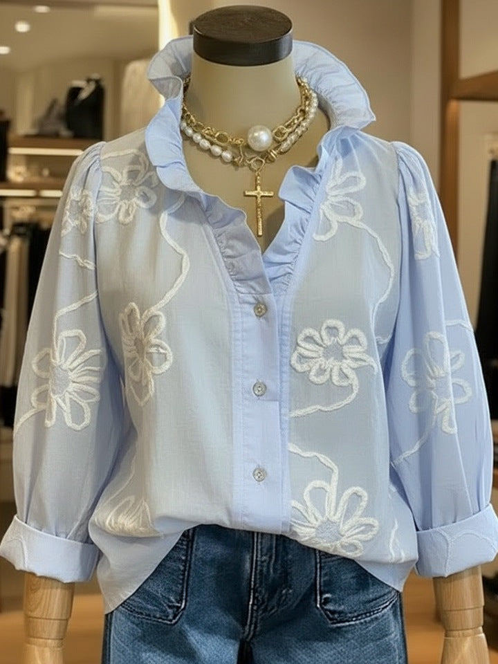 Damen elegante Bluse mit floralen Stickereien und voluminösen Ärmeln Lisslune