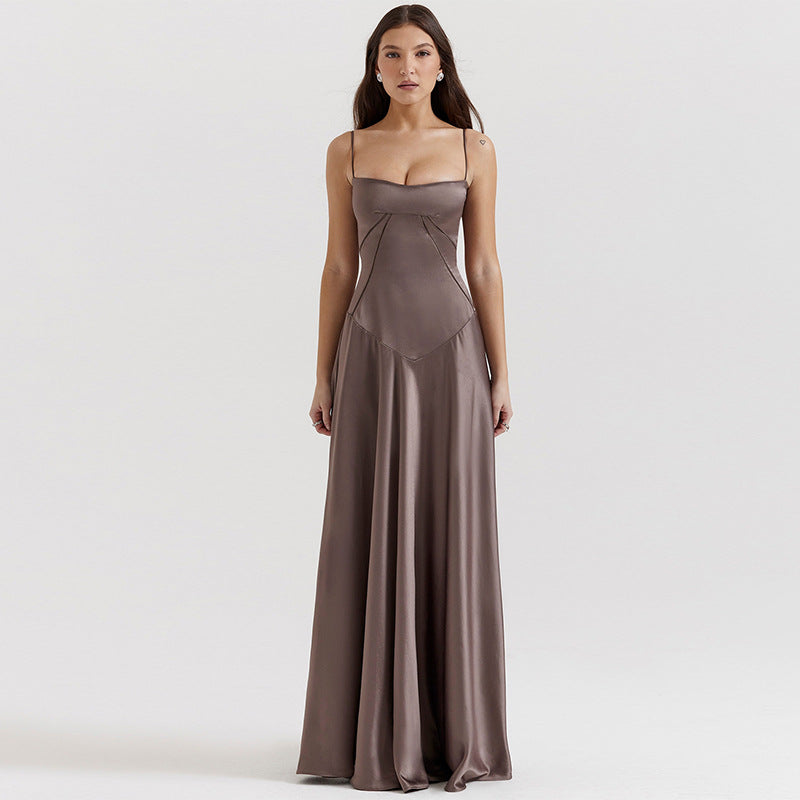 Women's Elegant Maxi Dress with Slim Spaghetti Straps and Flowing Satin Fall Lisslune