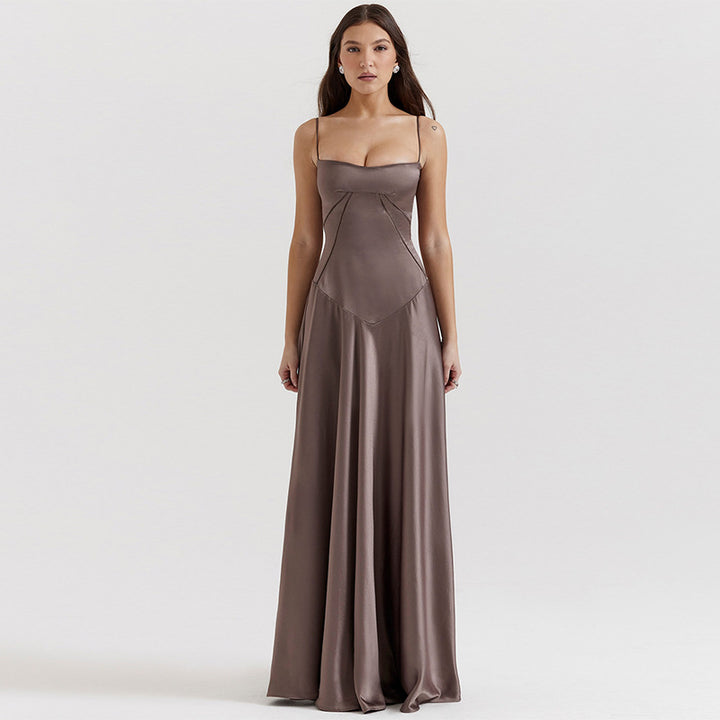 Women's Elegant Maxi Dress with Slim Spaghetti Straps and Flowing Satin Fall Lisslune